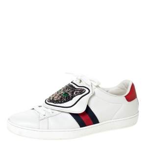 Gucci White Leather Ace Web Low Top Sneakers with Removable Patch Size 41