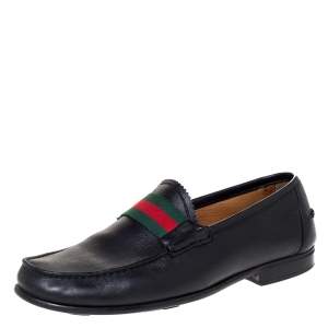 Gucci Black Leather Frederik Web Loafers Size 41