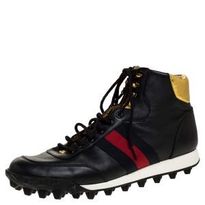 Gucci Black Leather Web Detail High Top Sneakers Size 42