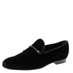 Pre Owned Gucci Black Velvet Horsebit Slip On Loafers Size 46