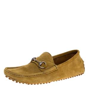 Pre Owned Gucci Yellow Suede Leather Horsebit Slip On Loafers Size 41.5