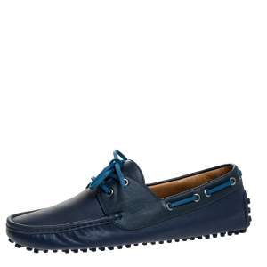 Pre Owned Gucci Blue Leather Boat Bow Slip On Loafers Size 42