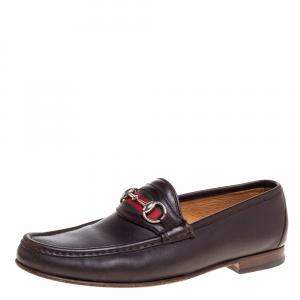 Gucci Dark Brown Leather Web Horsebit Loafers Size 41.5