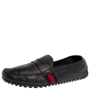 Gucci Dark Blue Leather Web Penny Loafers Size 43
