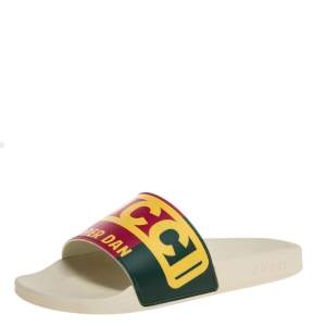 Gucci Multicolor Web Logo Print Rubber Dapper Dan Slip On Slides Size 41
