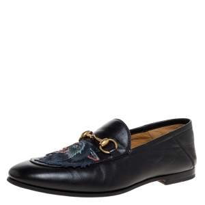Gucci Black Leather Brixton Wolf Applique Horsebit Loafers Size 40