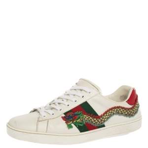Gucci White Leather Ace Dragon Embroidered Low Top Sneakers Size 41.5