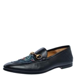Pre Owned Gucci Black Leather Brixton Wolf Applique Horsebit Loafers Size 45