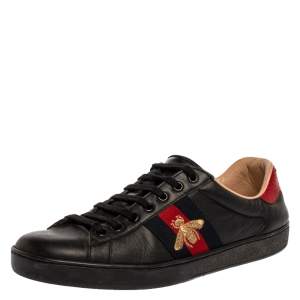 Gucci Black Leather Ace Web Bee Low Top Lace Up Sneakers Size 42.5
