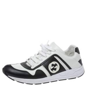 Gucci Black/White Leather Interlocking GG Lace Up Low Top Sneakers Size 43