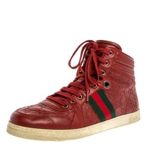 Gucci Red Guccissima Leather Viaggio Web Detail High Top Sneakers Size 42.5