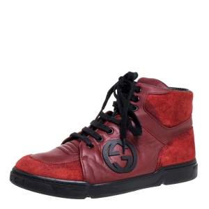 Gucci Red Leather And Suede High-Top Sneakers Size 40