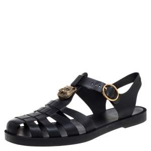 Pre Owned Gucci Black GG Rubber Loin Head Slingback Sandals Size 44