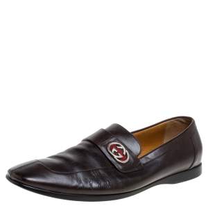 Pre Owned Gucci Brown Leather GG Loafers Size 42.5