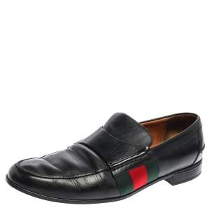 Pre Owned Gucci Black Leather Web Slip On Loafers Size 44.5