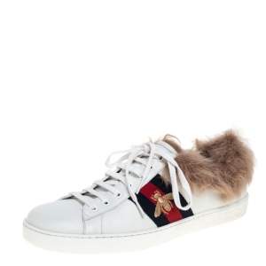 Gucci White Leather and Fur Ace Embroidered Bee Low Top Sneaker Size 44.5