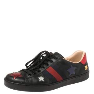 Gucci Black Leather Ace Metallic Stars Low Top Sneakers Size 43