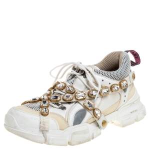 Pre Owned حذاء رياضى غوتشى كريستالات قابلة للإزالة فلاشتريك شبك وجلد أبيض مقاس 42