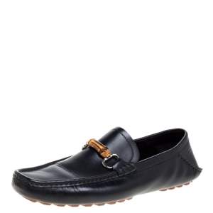Pre Owned Gucci Black Leather Bamboo Horsebit Loafers Size 42.5