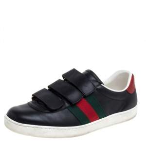 Gucci Black Leather Web Low Top Velcro Sneakers Size 39.5