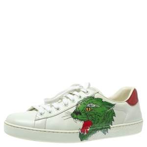 Gucci White Leather Ace Panther Print Low Top Sneakers Size 42.5