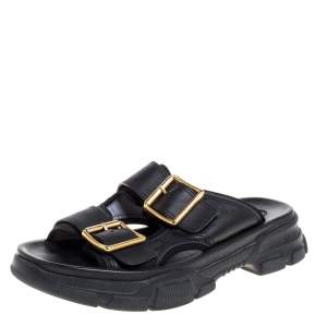 Pre Owned Gucci Black Leather Aguru Buckle Slide Sandals Size 42