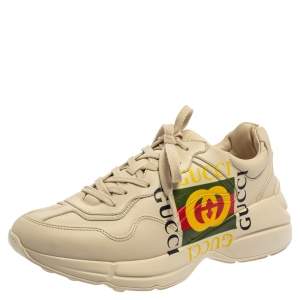 Pre Owned Gucci Off White Leather Rhyton GG Logo Platform Sneakers Size 42
