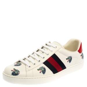 Gucci White Leather Ace Wolf Low Top Sneakers Size 44.5