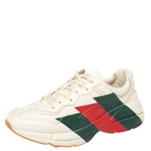 Pre Owned Gucci Cream Leather Web Rhyton Low Top Sneakers Size 42