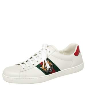 مملوكة مسبقًا Gucci White Leather And Canvas Ace Embroided Sneakers Size 44.5