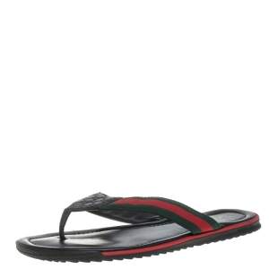 مملوكة مسبقًا صندل إصبع فلات غوتشي جلد جي جي أسود نمط ويب مقاس 45