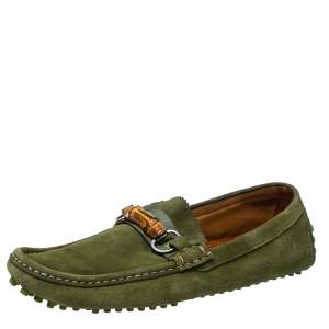 Gucci Green Suede Bamboo Horsebit Loafers Size 42.5