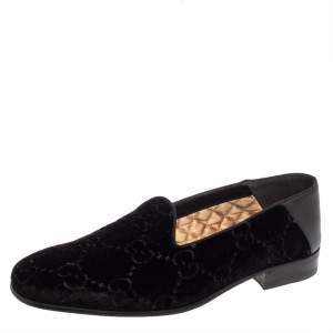 Pre Owned Gucci Black Guccissima Velvet And Leather Loafers Size 41