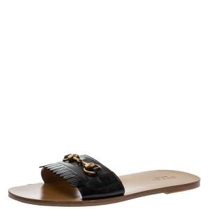 Pre Owned Gucci Black Leather Varadero  Horsebit Slide Sandals Size 41.5
