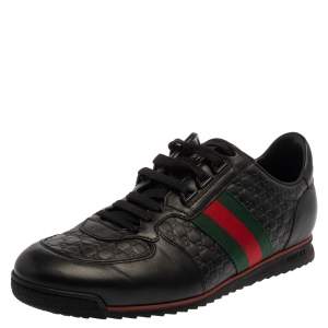 Pre Owned Gucci Black Guccissima Leather Web Detail Low Top Sneakers Size 42.5