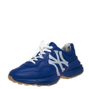 Pre Owned Gucci Blue Leather Rhyton With NY Yankees™ Print Sneakers Size 44