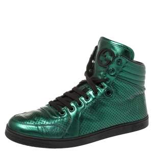 Gucci Metallic Green Perforated Leather Coda High Top Sneaker Size 42