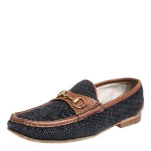 Gucci Blue/Brown Canvas And Leather 1955 Horsebit Slip On Loafers Size 43