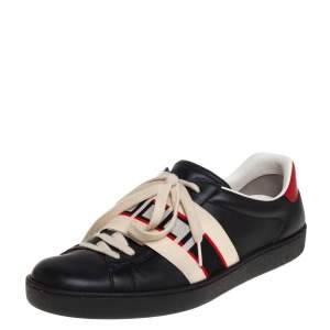 Gucci Black Leather Ace Stripe Low Top Sneakers Size 42