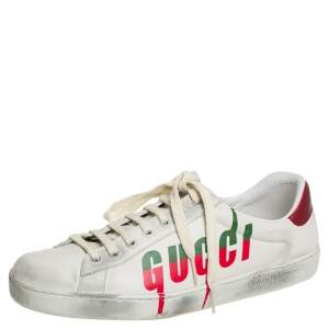 Gucci White Leather New Ace Logo Print Sneakers Size 42.5