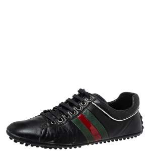 Gucci Black Leather Perforated Detail Web Low Top Sneakers Size 42
