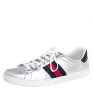 Gucci Silver Leather Ace Web Detail Low Top Sneakers Size 45