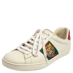 Gucci White Leather Ace Embroidered Tiger Low Top Sneakers Size 41.5