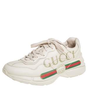 Gucci  Off White Leather Rhyton Gucci Logo Low Top Sneakers Size 41