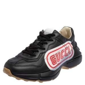 Gucci Black Leather Rhyton Logo Low Top Sneakers Size 39.5
