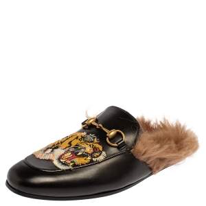 Pre Owned Gucci Black Tiger Embroidered Leather And Fur Princetown Horsebit Mules Size 40