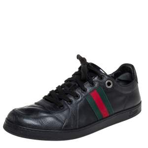 Pre Owned Gucci Black Leather Web Detail Low Top Sneakers Size 45