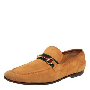 Gucci Yellow Suede Horsebit Web Slip On Loafers Size 41.5