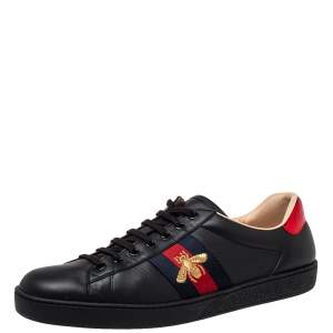 Pre Owned Gucci Black Leather Ace Web Low Top Sneakers Size 44