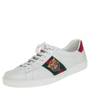 Gucci White Leather Ace Embroidered Tiger Low Top Sneakers Size 45
